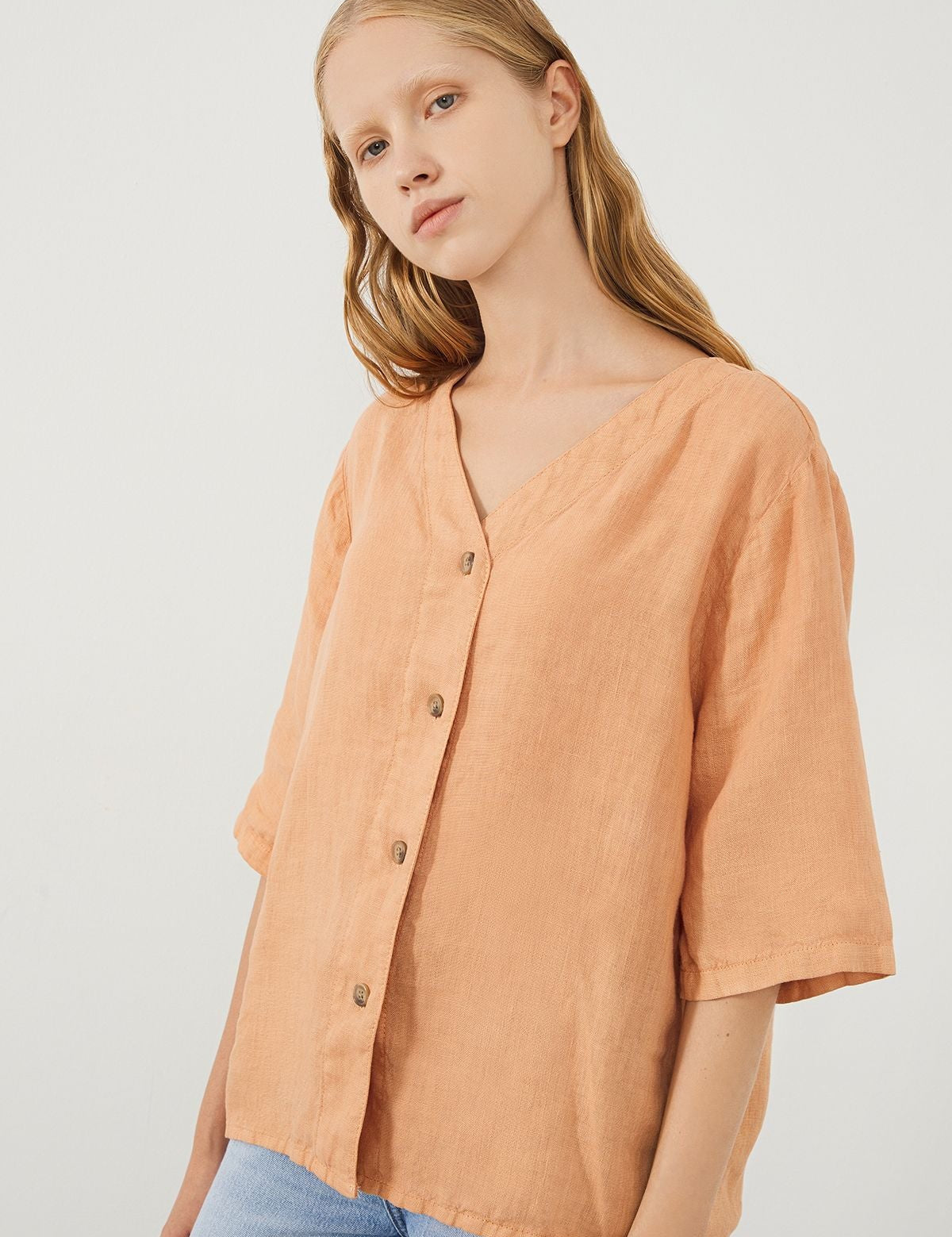 Ra Denim-Sora Oversize Fit Orange Women’s Linen Shirt-3