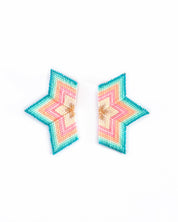 Beaded half star earrings in shades of Aqua blue and pink tones  featuring intricate handwoven designs with stunning color contrast.