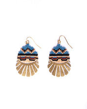 Mayana Designs Beaded Santa Fe Drops – Tribal Blue Edition, showcasing the intricate beadwork and brass charm in a vibrant blue tribal design.