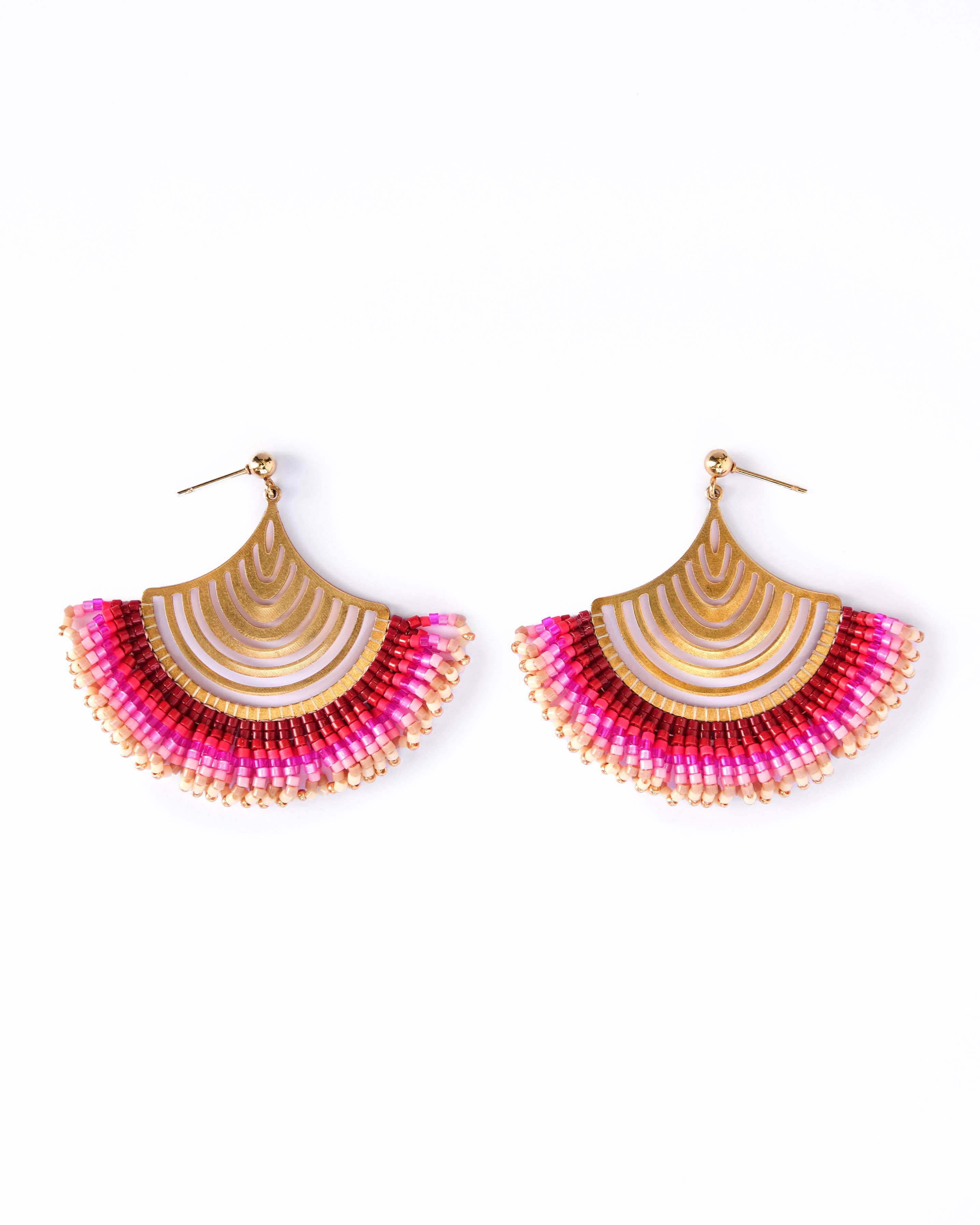Mayana Designs Beaded Handwoven Flamenco Fan Earrings in Pink Ombre.