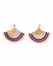 Handwoven Flamenco Fan Earrings in Ombre White, Blue, and Red Beads by Mayana Designs