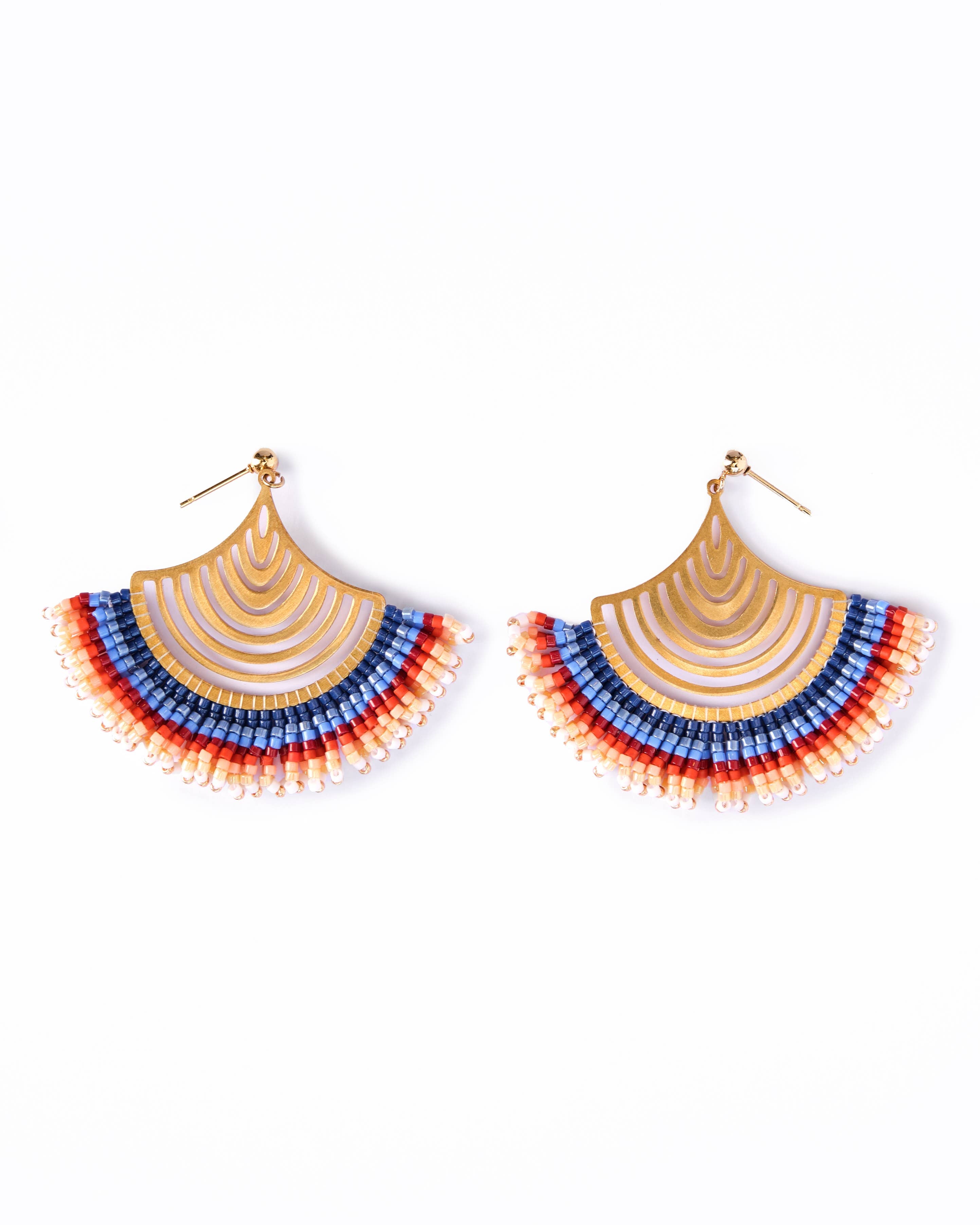 Handwoven Flamenco Fan Earrings in Ombre White, Blue, and Red Beads by Mayana Designs