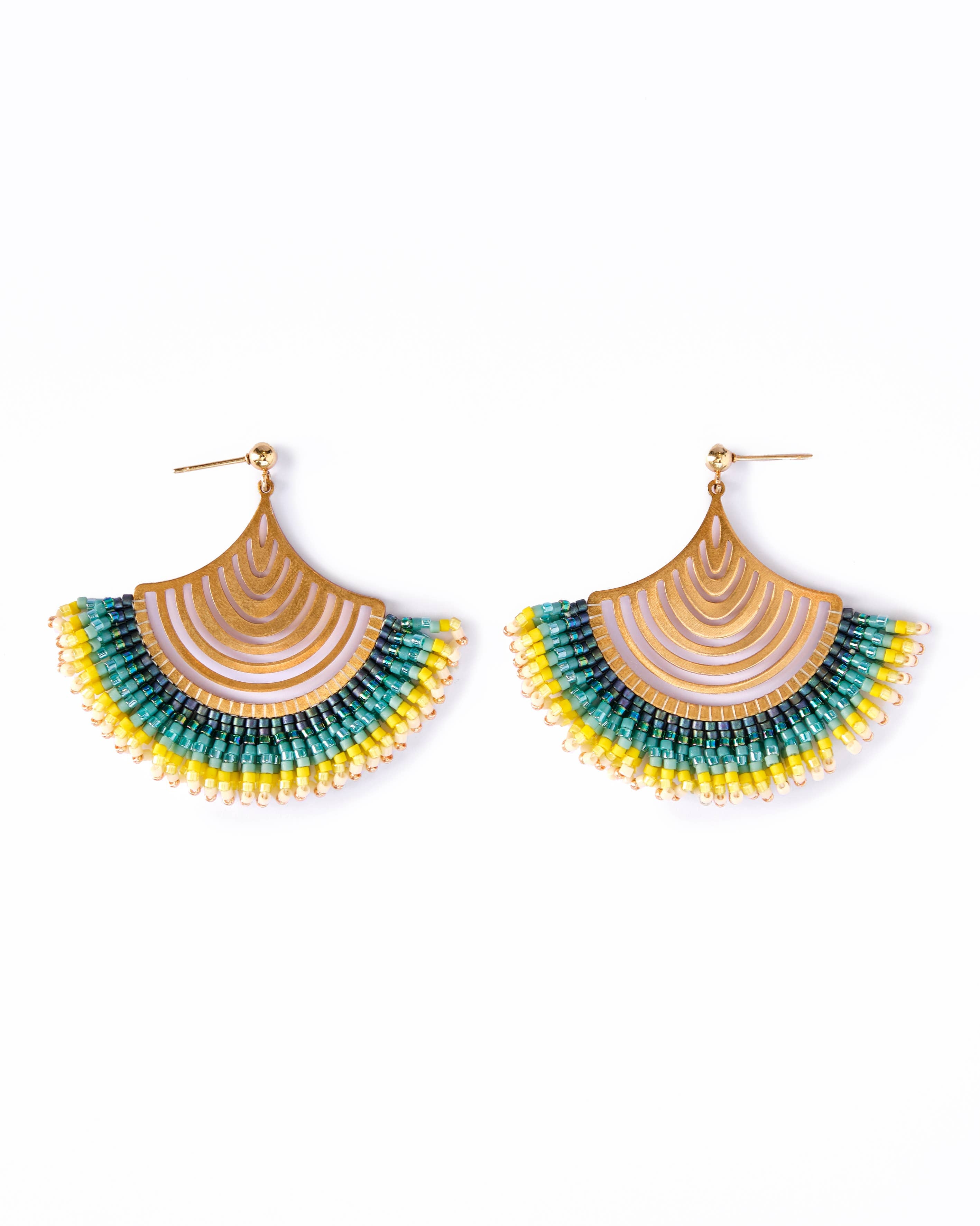 Mayana Designs Beaded Handwoven Flamenco Fan Earrings in Aqua – perfect for a bohemian summer look