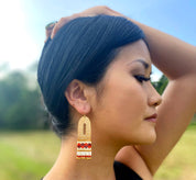 Woman wearing Beaded Handwoven Color Block Earrings