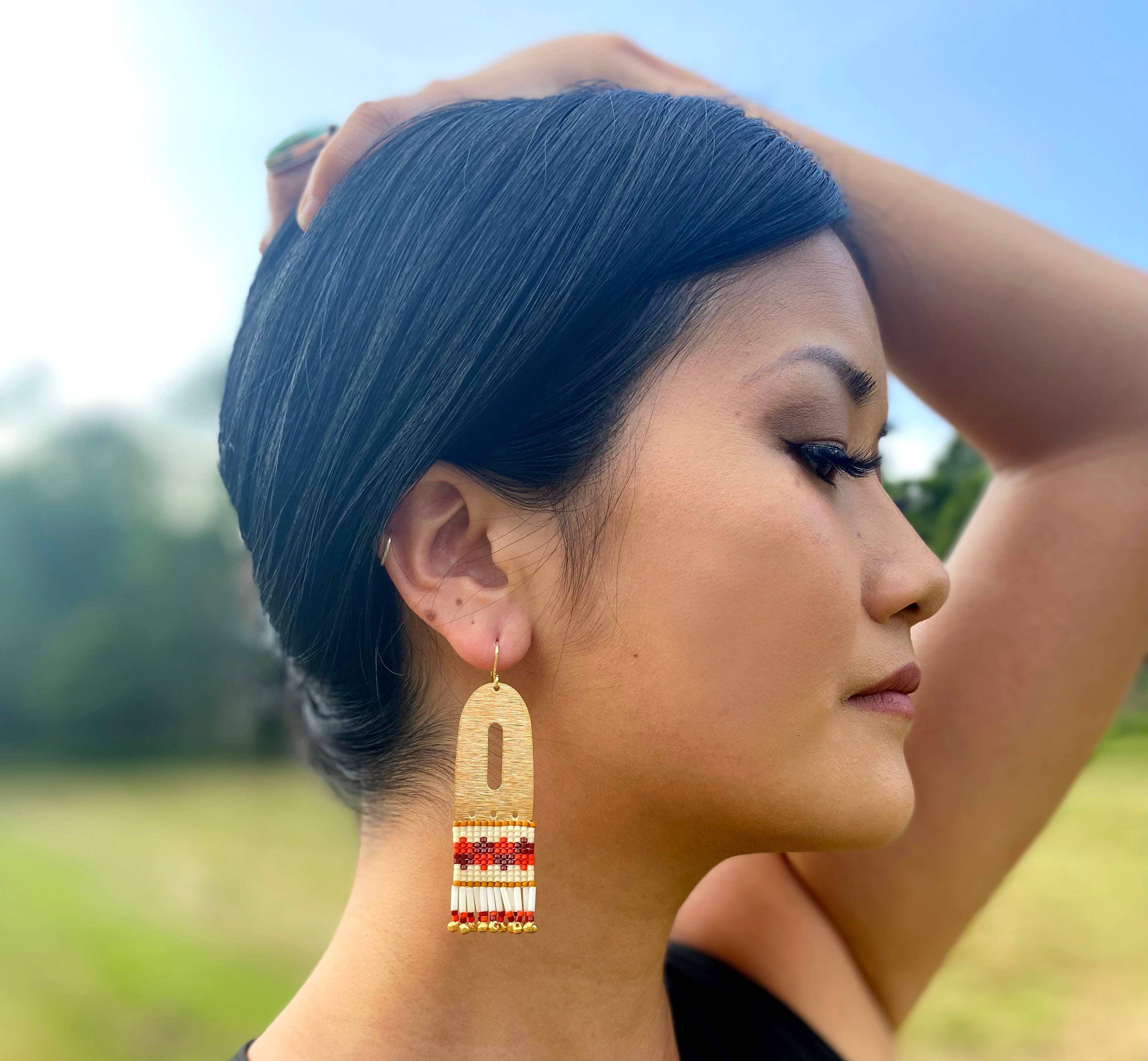 Woman wearing Beaded Handwoven Color Block Earrings