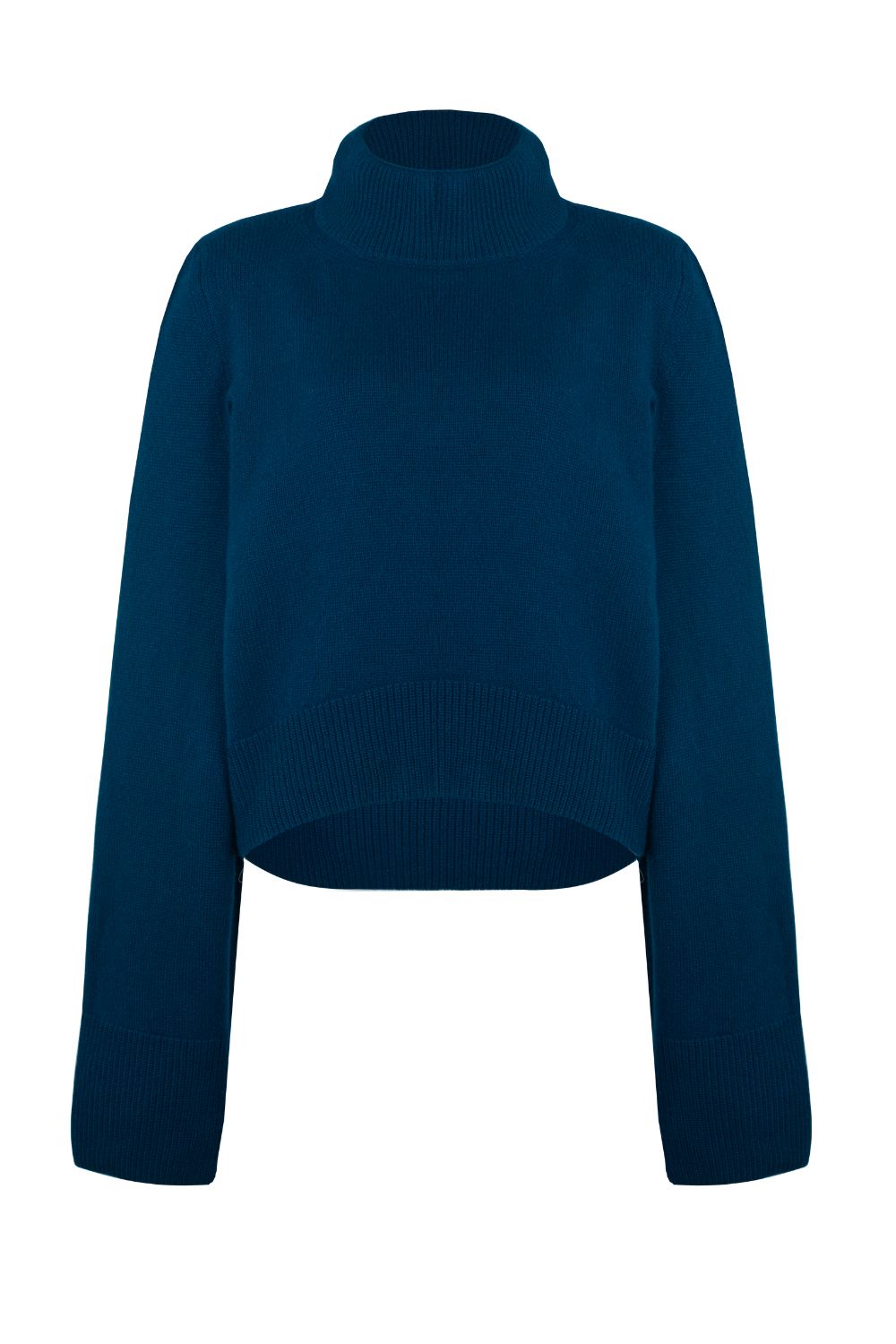 Front view of a petrol blue cashmere sweater by Nuage Cashmere, featuring wide sleeves and a high neck in a deep, knitted design