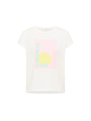 Lanius Lumineux T-shirt in white with pink and yellow graphic print, organic cotton, sustainable fashion for women in Switzerland