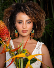 Style inspo featuring Mayana Designs Jaguar Fringe Earrings with a tropical-inspired outfit, perfect for summer vibes