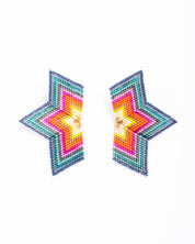 Red and emerald beaded half star earrings, featuring intricate craftsmanship with a dimensional, woven design.