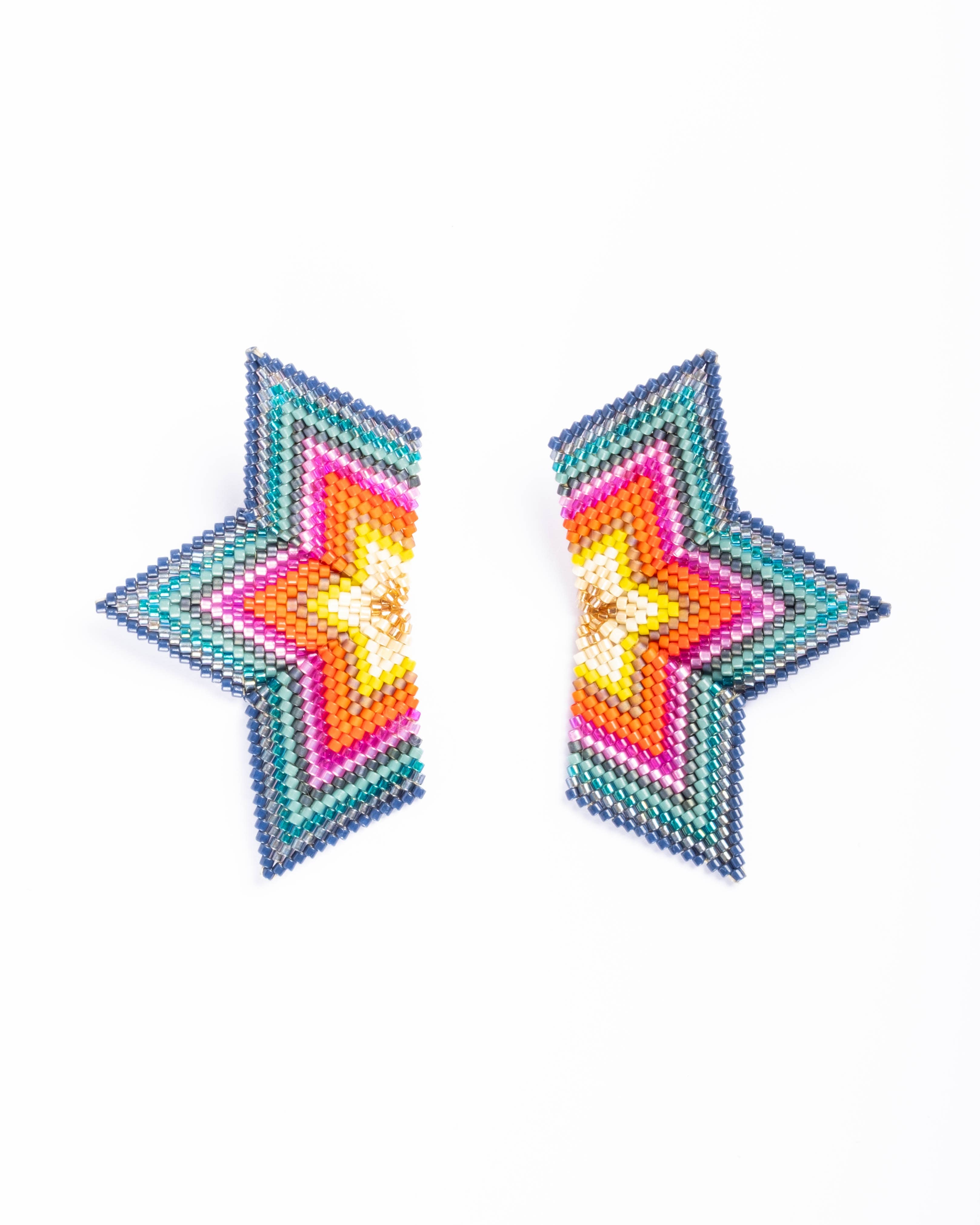 Red and emerald beaded half star earrings, featuring intricate craftsmanship with a dimensional, woven design.