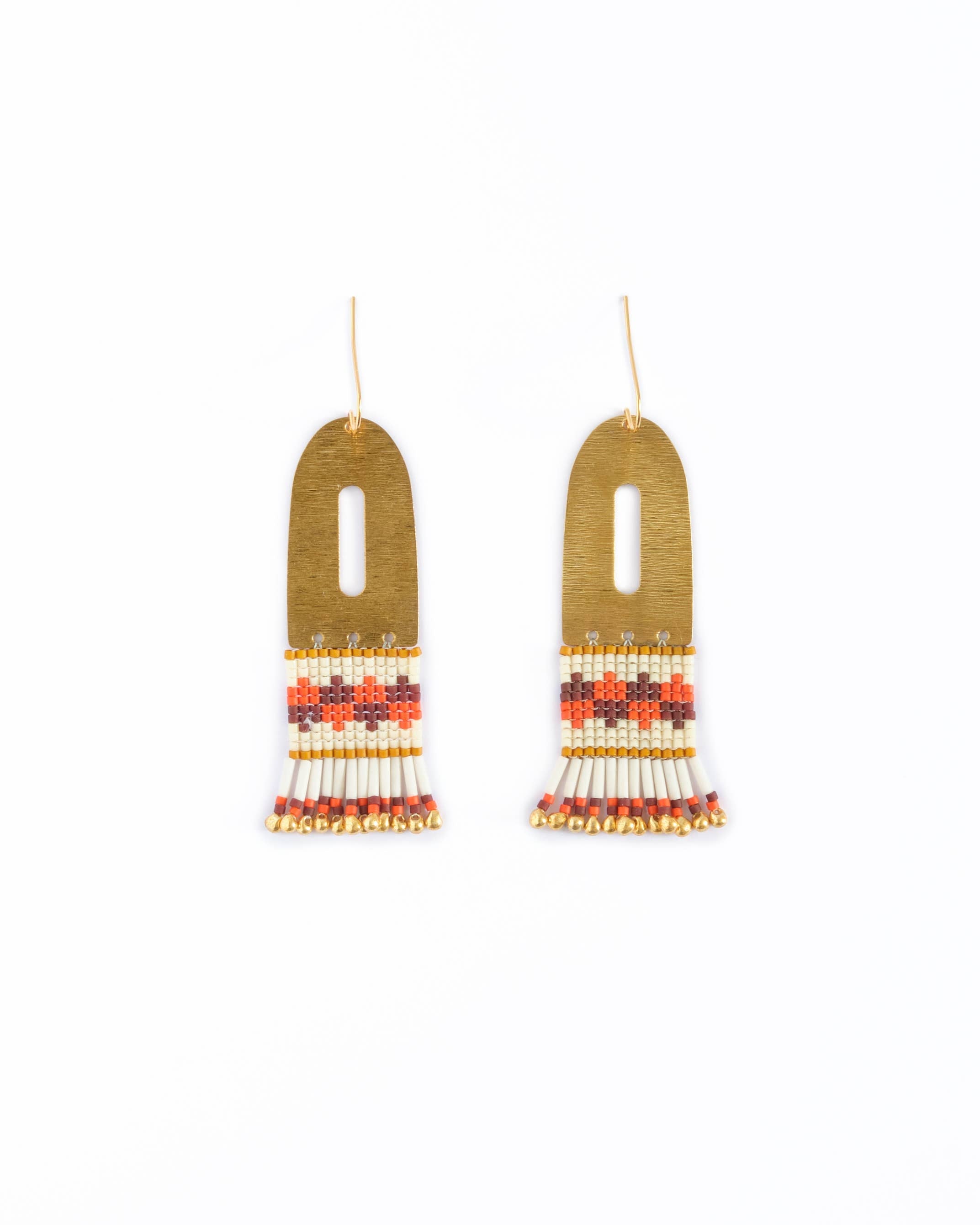 Terracotta Miyuki glass beaded earrings with vibrant color contrast, brass arch, and gold teardrop beads.