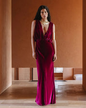 Model Wearing Mes Demoiselles Paris Travis Velvet Dress in Fuchsia (Size 36)