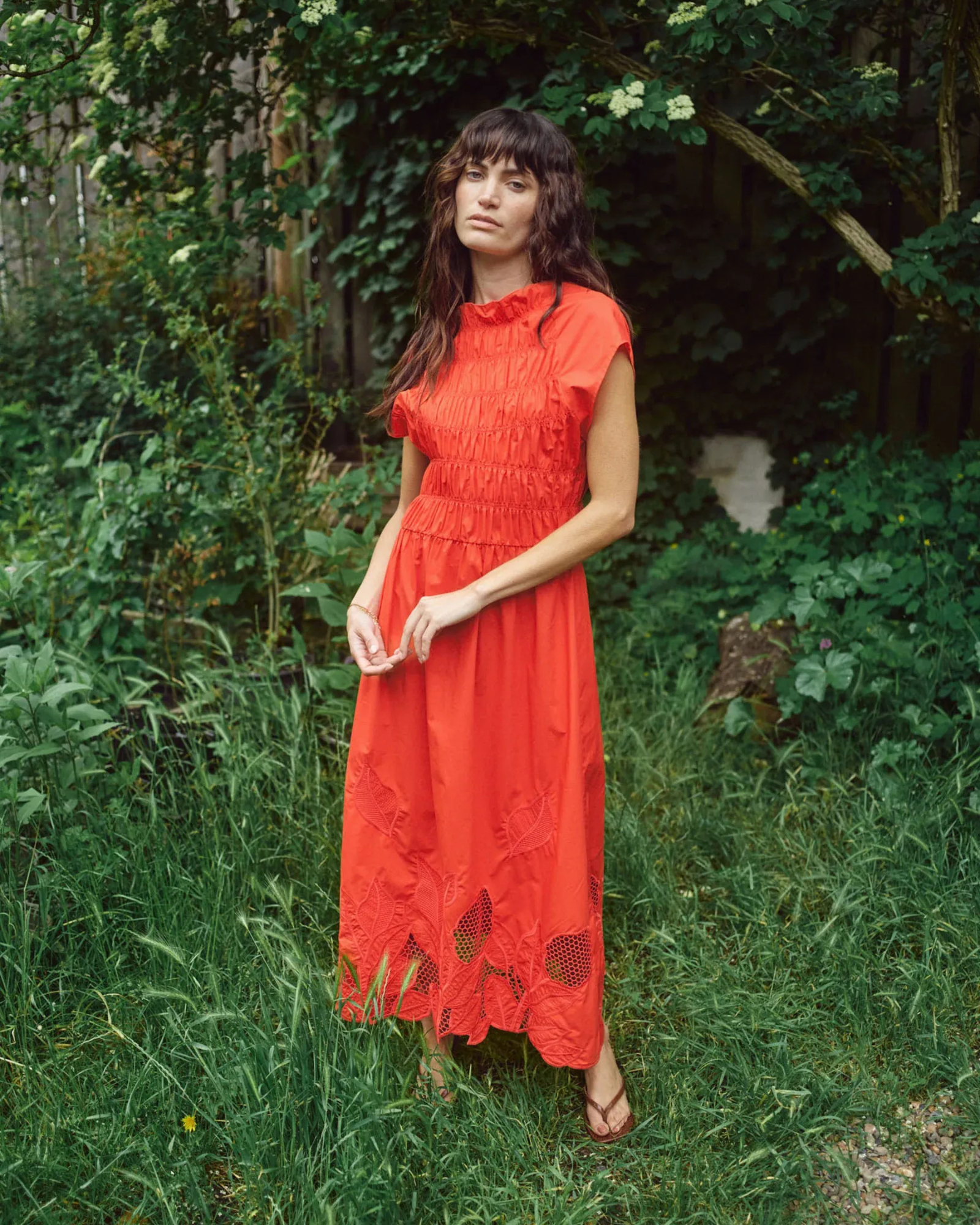 MMAria Mono Embroidered Dress in Soft Coral, front view on model