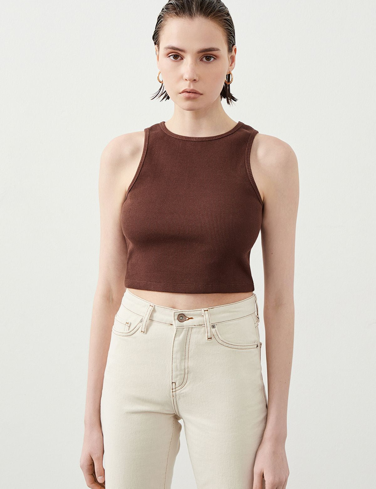 Woman wearing Ra Denim Verona Brown Women’s Crop Top-2