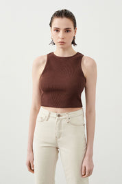 Woman wearing Ra Denim Verona Brown Women’s Crop Top-2