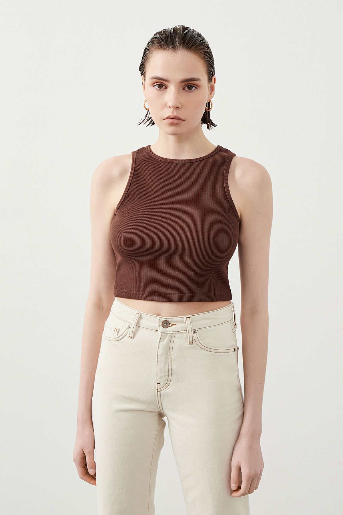 Woman wearing Ra Denim Verona Brown Women’s Crop Top-2