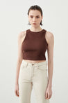 Woman wearing Ra Denim Verona Brown Women’s Crop Top-2
