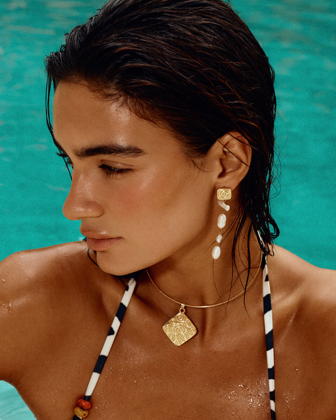 Luv AJ Seychelles Pearl Drop Studs on model