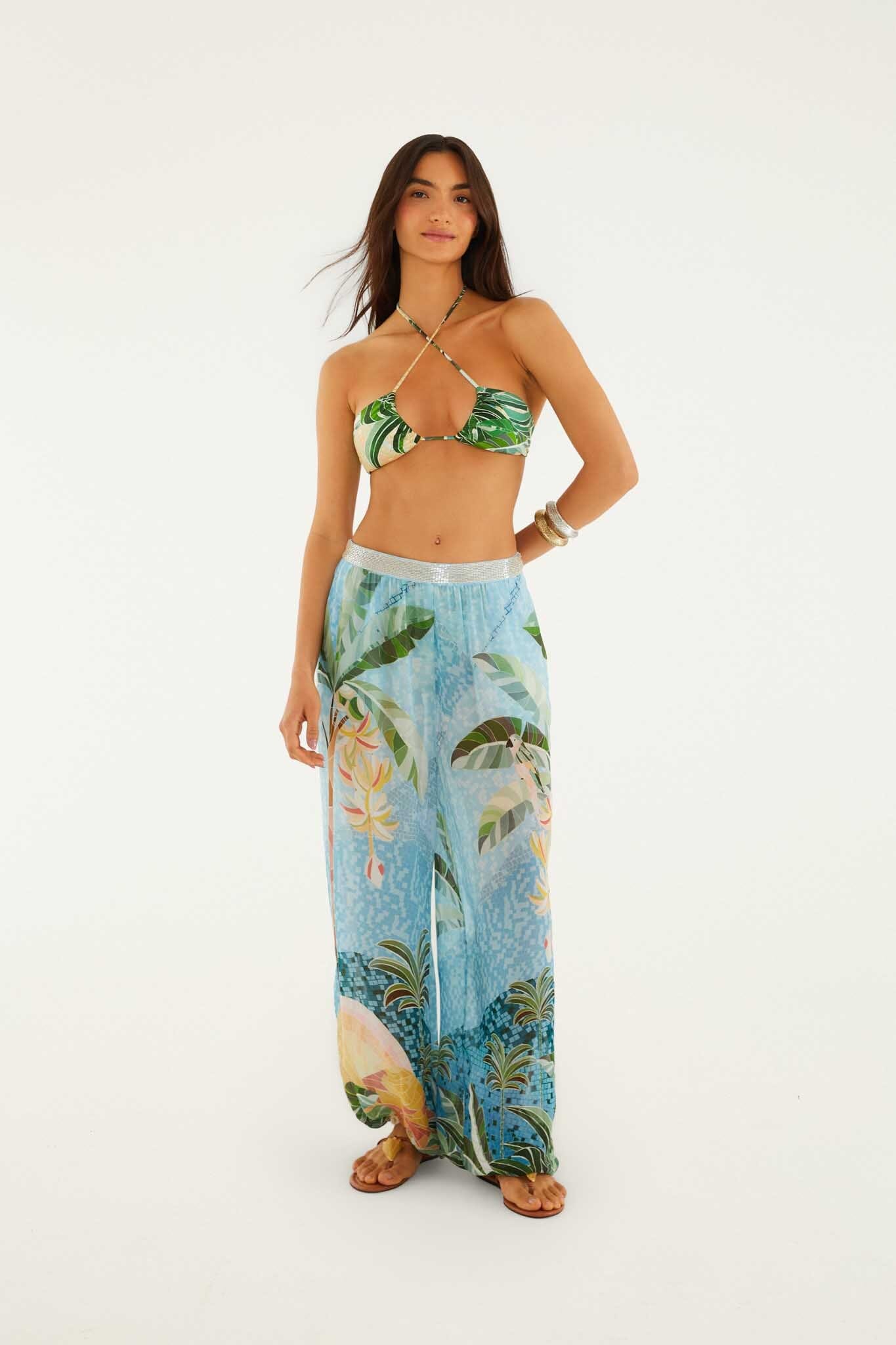 Embroidered Side Buttons Balloon Pants in Mosaic Rio