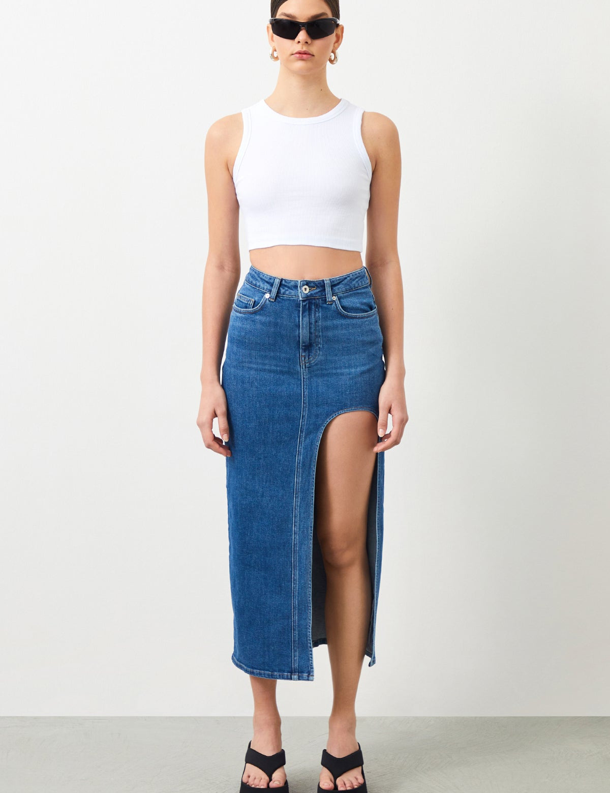  Ra Denim-Ilya Blue Slit Women's Maxi Jean Skirt-2