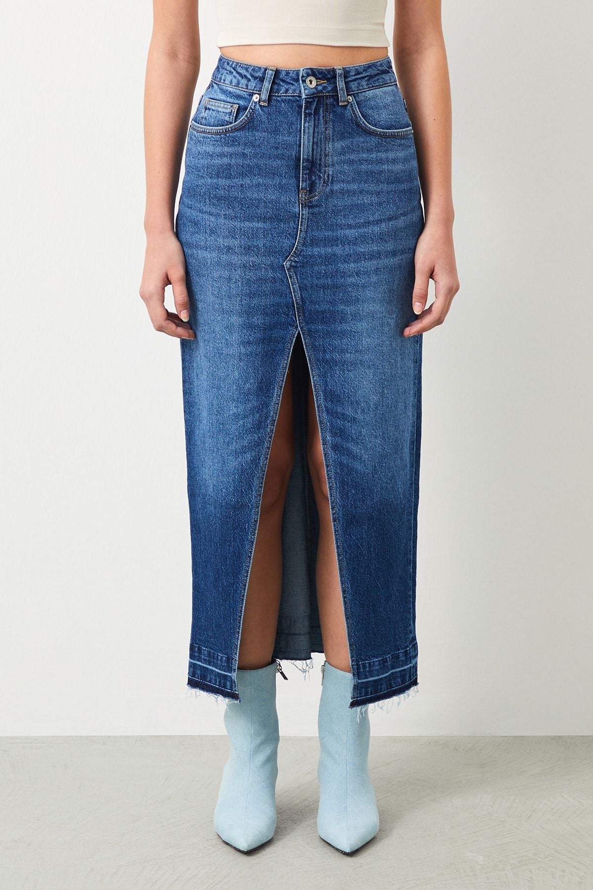  Ra Denim-Sisu Slim Fit Dark Blue Slit Maxi Women's Jean Skirt-3