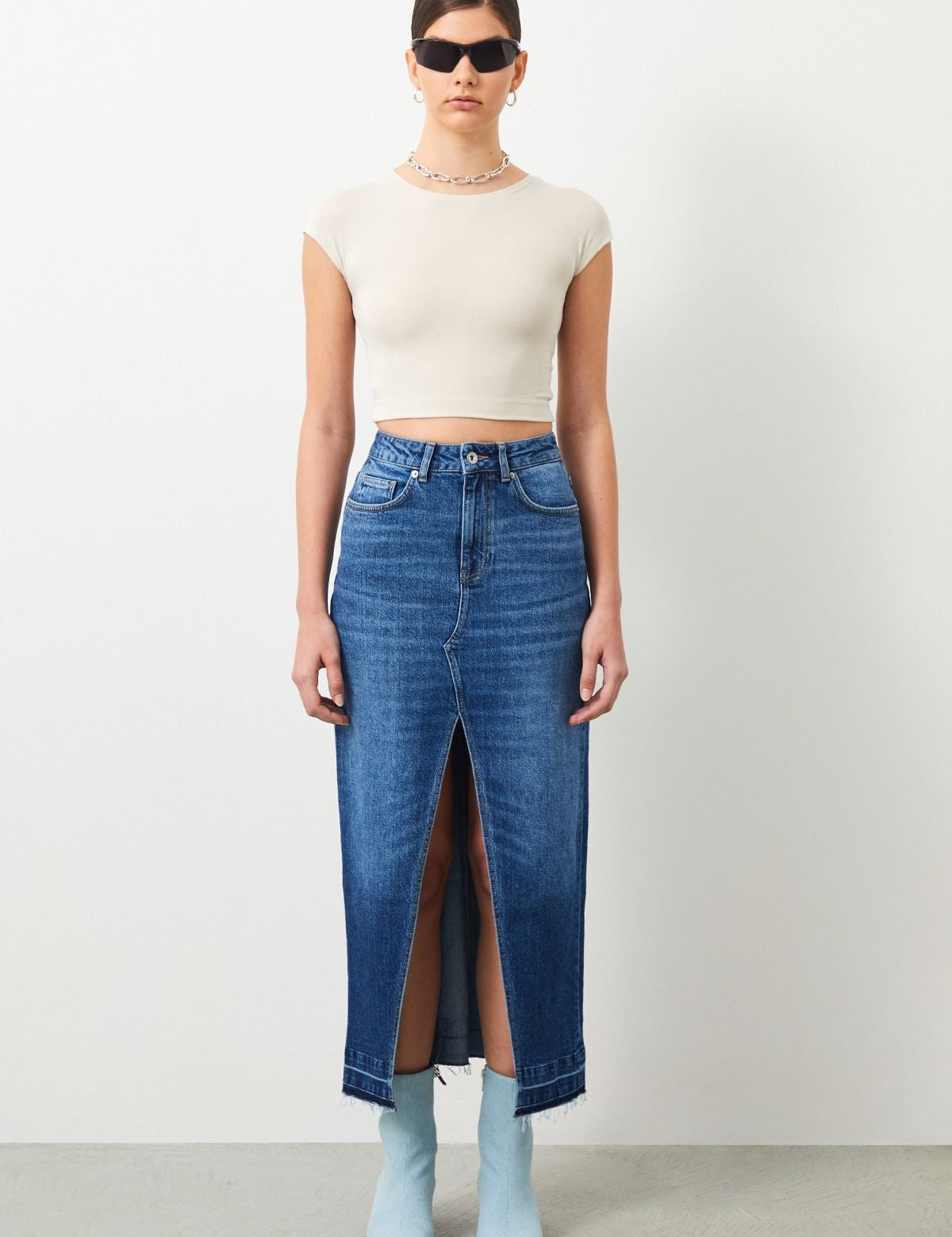  Ra Denim-Sisu Slim Fit Dark Blue Slit Maxi Women's Jean Skirt-2