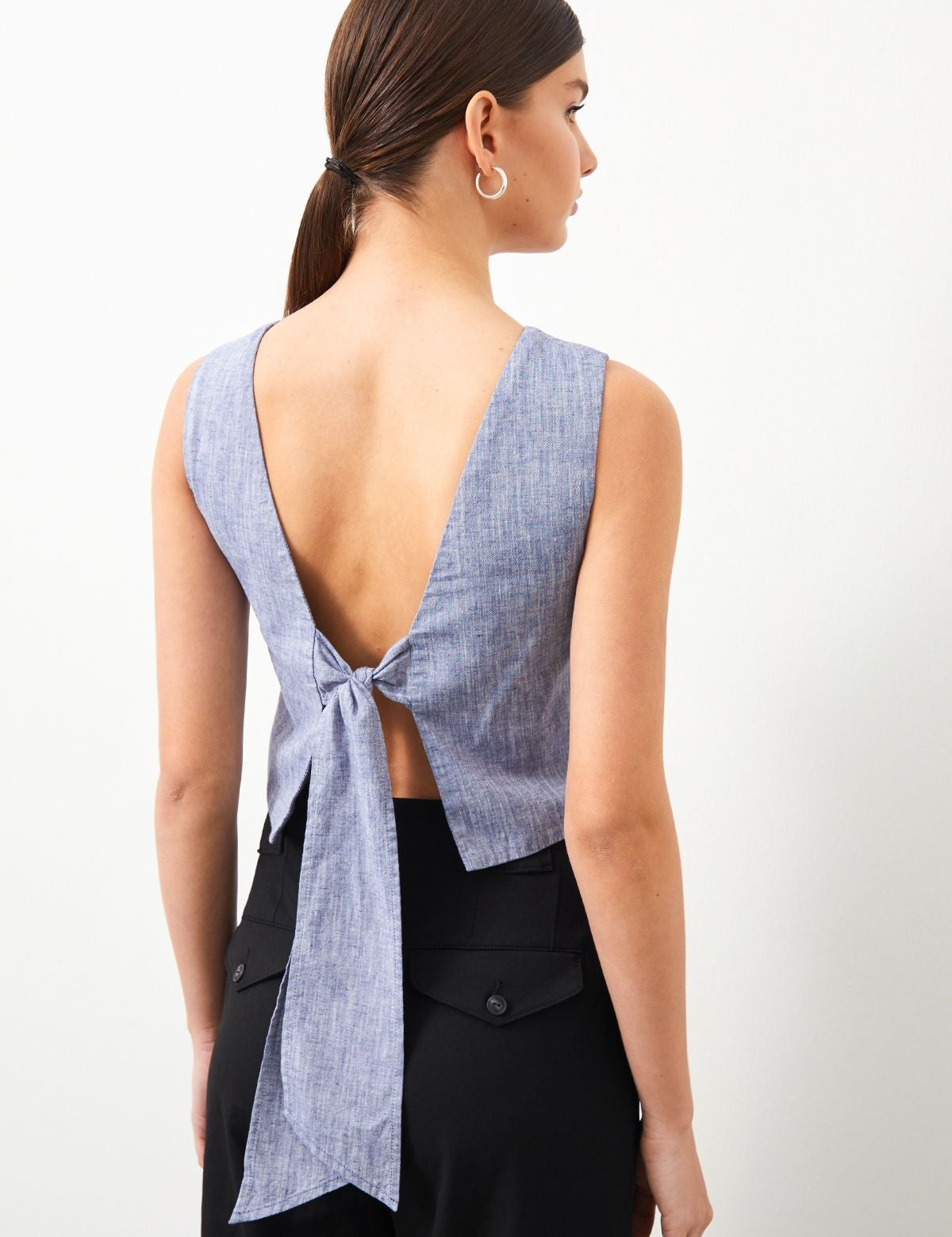 PERLA Blue Linen Blend Blouse featuring a bow at the back.