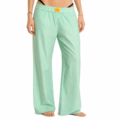 Green Striped Cotton Wide-Leg Pants