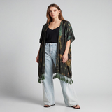 Cofur Poncho en soie à pompons – Kaki & rouille