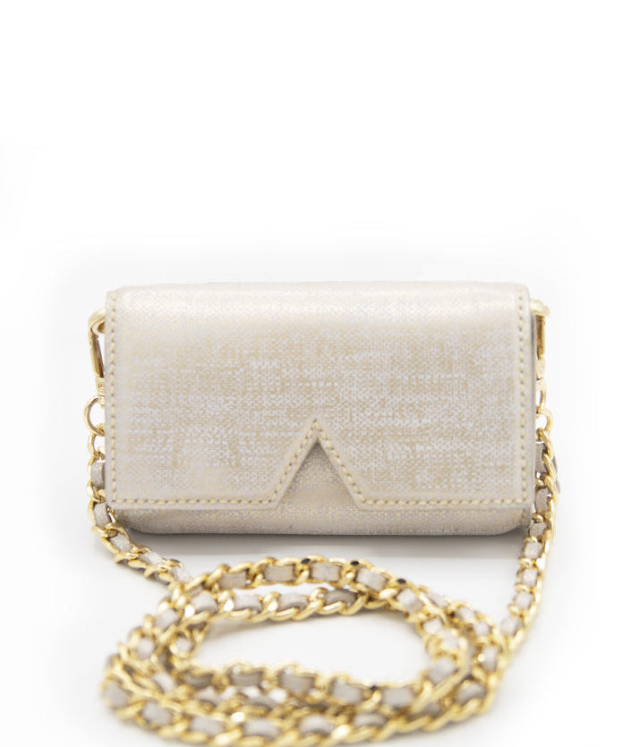 AETALIA Ary ecru shoulder bag with vintage gold finish and braided gold chain, perfect for an elegant touch