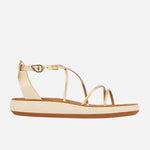 Side profile of the Anastasia Comfort platinum sandal showing the 3cm cushioned sole and winged ankle buckle