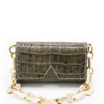 Chic Aetalia Ary olive leather shoulder bag with unique crocodile print, the perfect accessory to elevate your fashion look