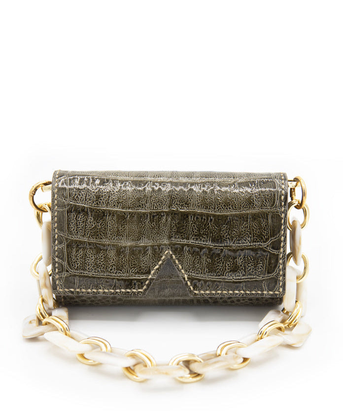 Chic Aetalia Ary olive leather shoulder bag with unique crocodile print, the perfect accessory to elevate your fashion look