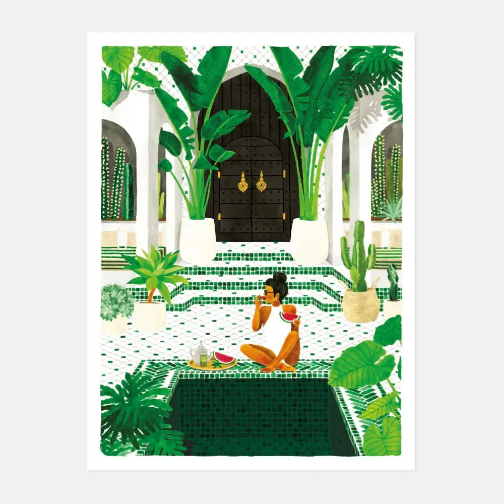 Medina Oasis Moroccan art print by All The Ways To Say showing a woman by a tiled Riad pool with lush tropical plants.
