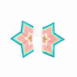 Beaded half star earrings in shades of Aqua blue and pink tones  featuring intricate handwoven designs with stunning color contrast.