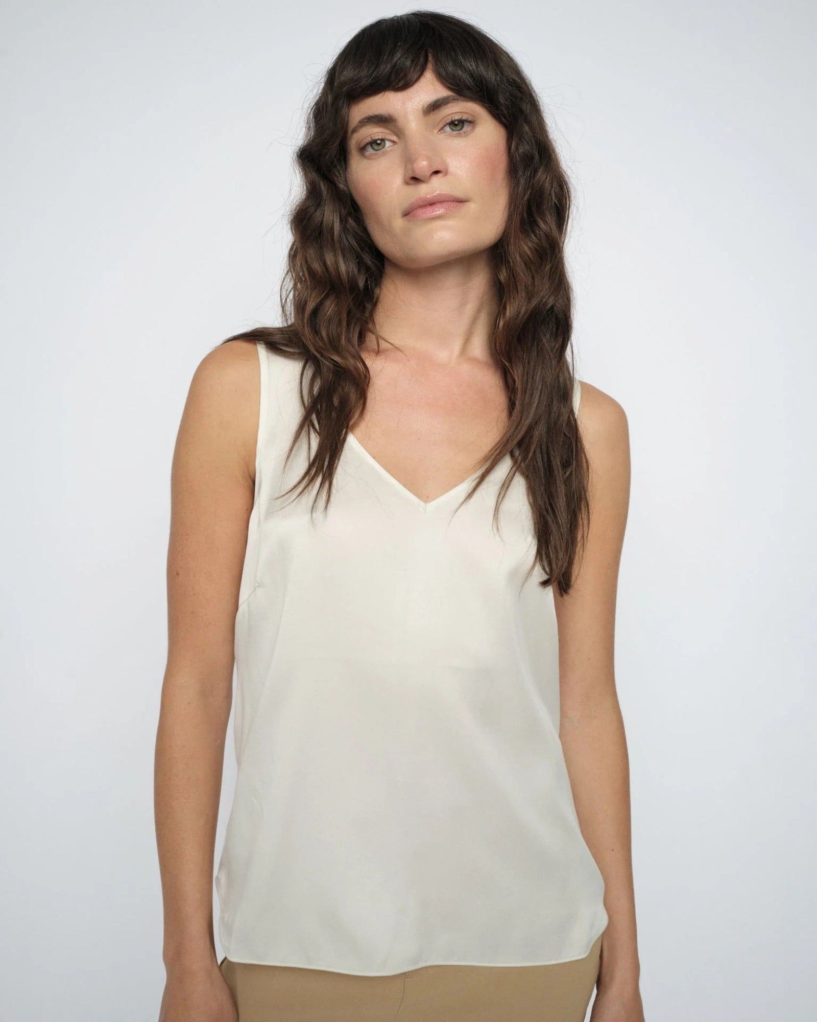 MMAstrid Silk Tank Top in ivory, full front view on model