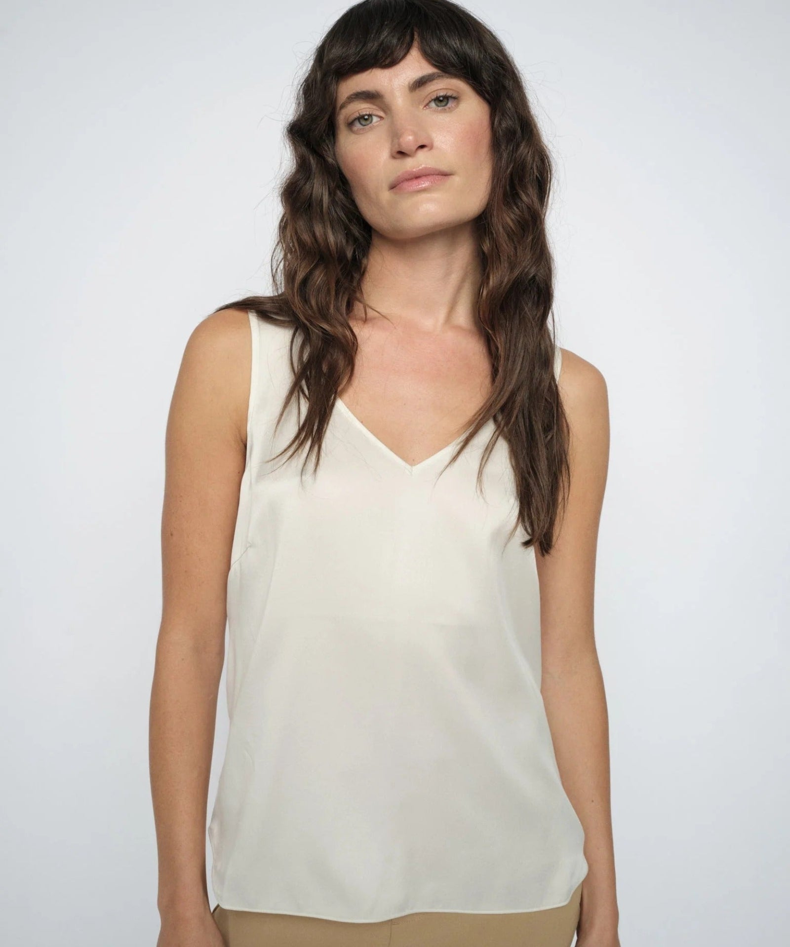 MMAstrid Silk Tank Top in ivory, front view on model