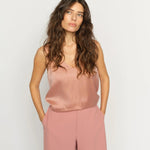 MMAstrid Silk Tank Top in peach styled with matching trousers