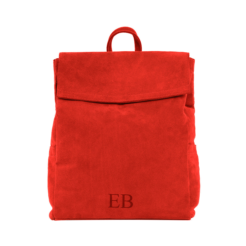 Emmy Boo Red Backpack Lipari in suede crust leather features a customizable monogram and a top handle.