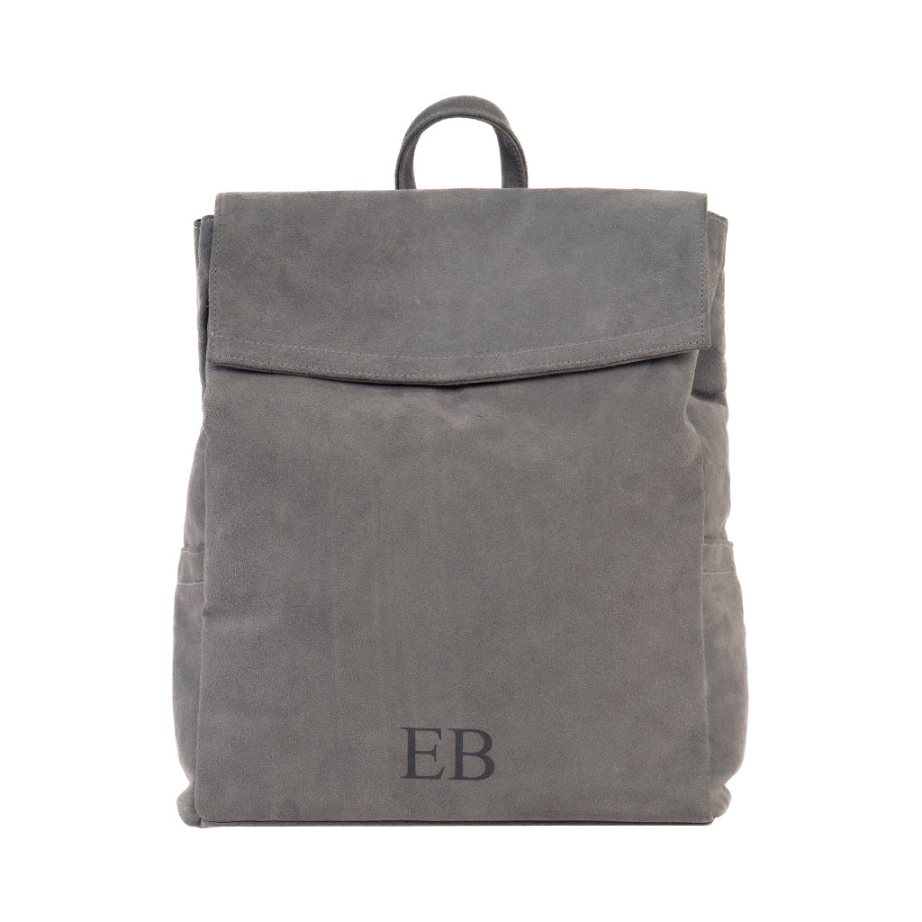Emmy Boo backpack Lipari in grey suede crust leather with customizable monogram and top handle.