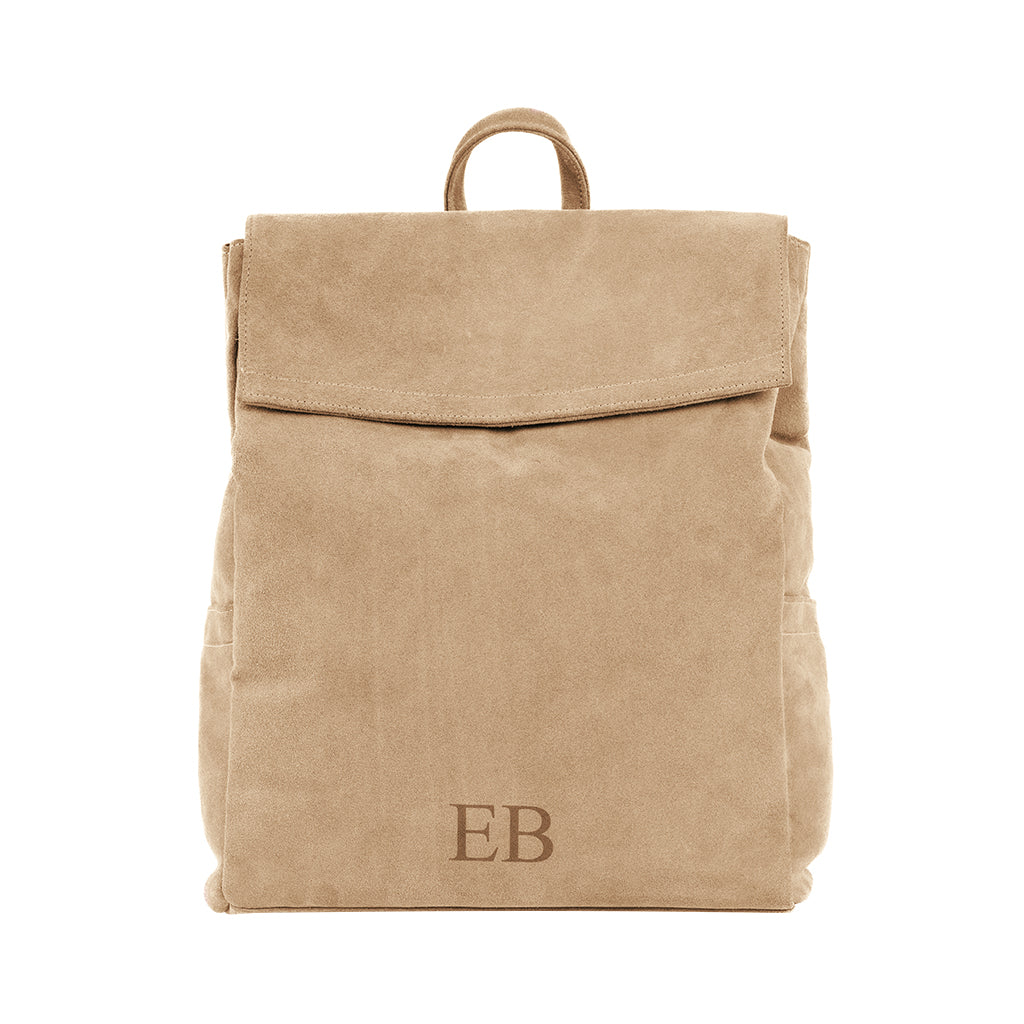 Emmy Boo backpack Lipari in cappuccino cream suede crust leather features a customizable monogram and a top handle.