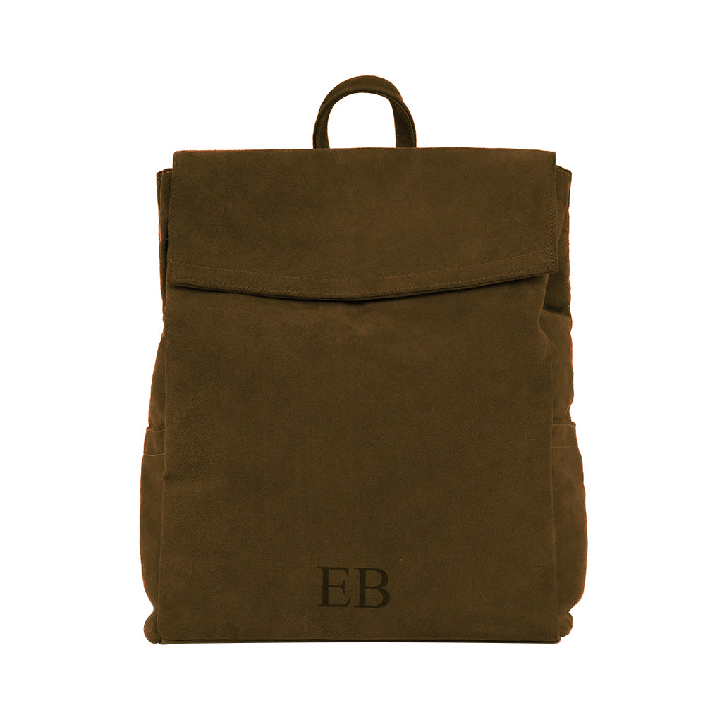 Dark khaki  Emmy Boo backpack Lipari in suede crust leather with customizable monogram and top handle.