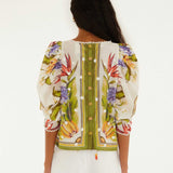 FARM Rio Sand Tropical Scarf Blouse back view showcasing the relaxed fit and lightweight fabric.