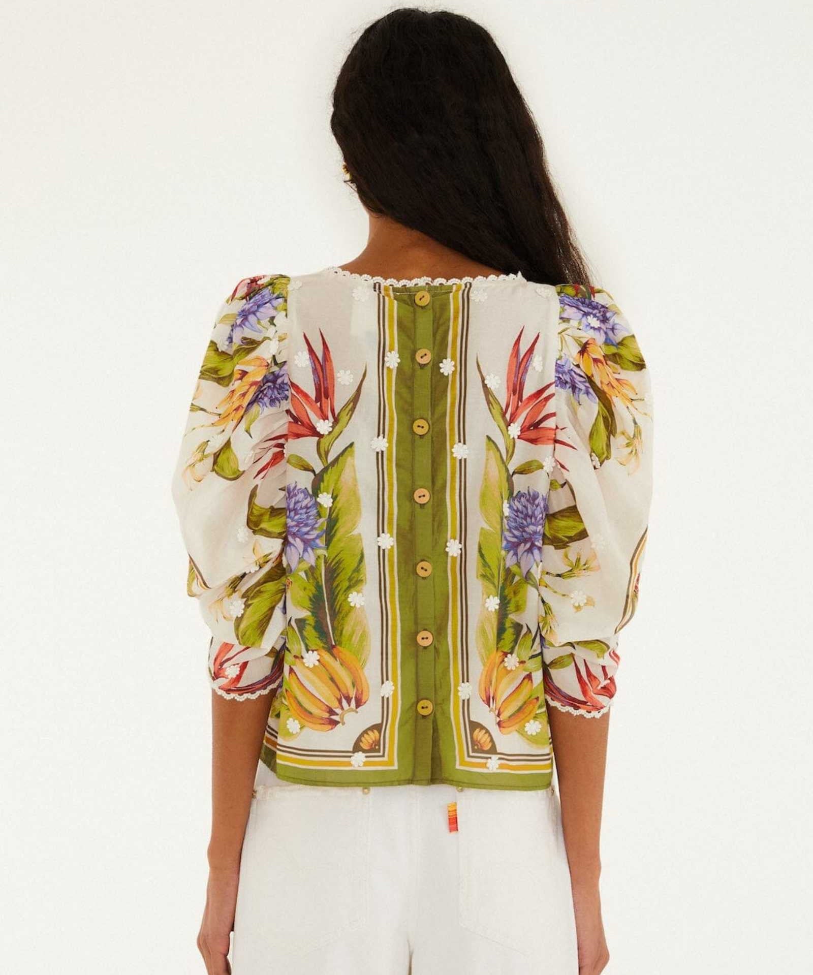 FARM Rio Sand Tropical Scarf Blouse back view showcasing the relaxed fit and lightweight fabric.