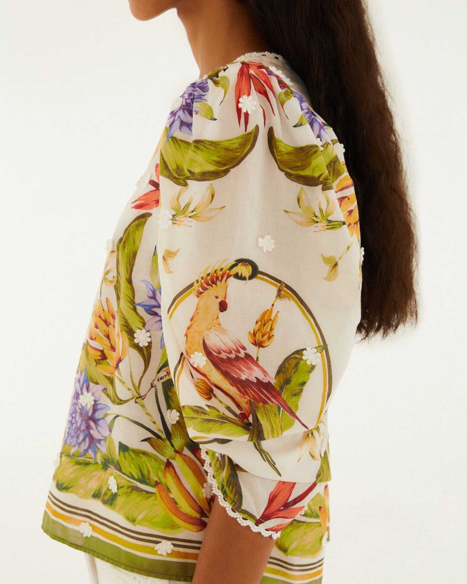 FARM Rio Sand Tropical Scarf Blouse side view highlighting the flowing drape and tropical-inspired print.