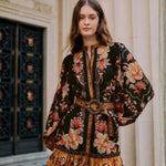 FARM Rio Black Majestic Garden Mini Dress with floral botanical print and beaded buckle belt.