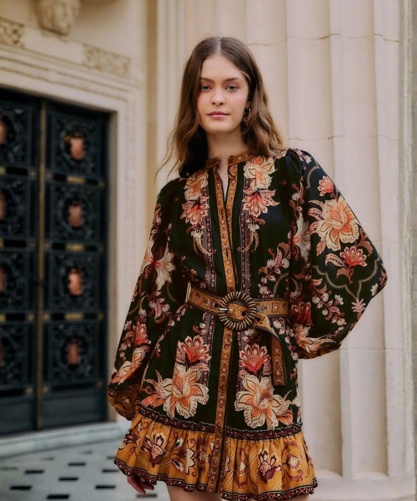 FARM Rio Black Majestic Garden Mini Dress with floral botanical print and beaded buckle belt.