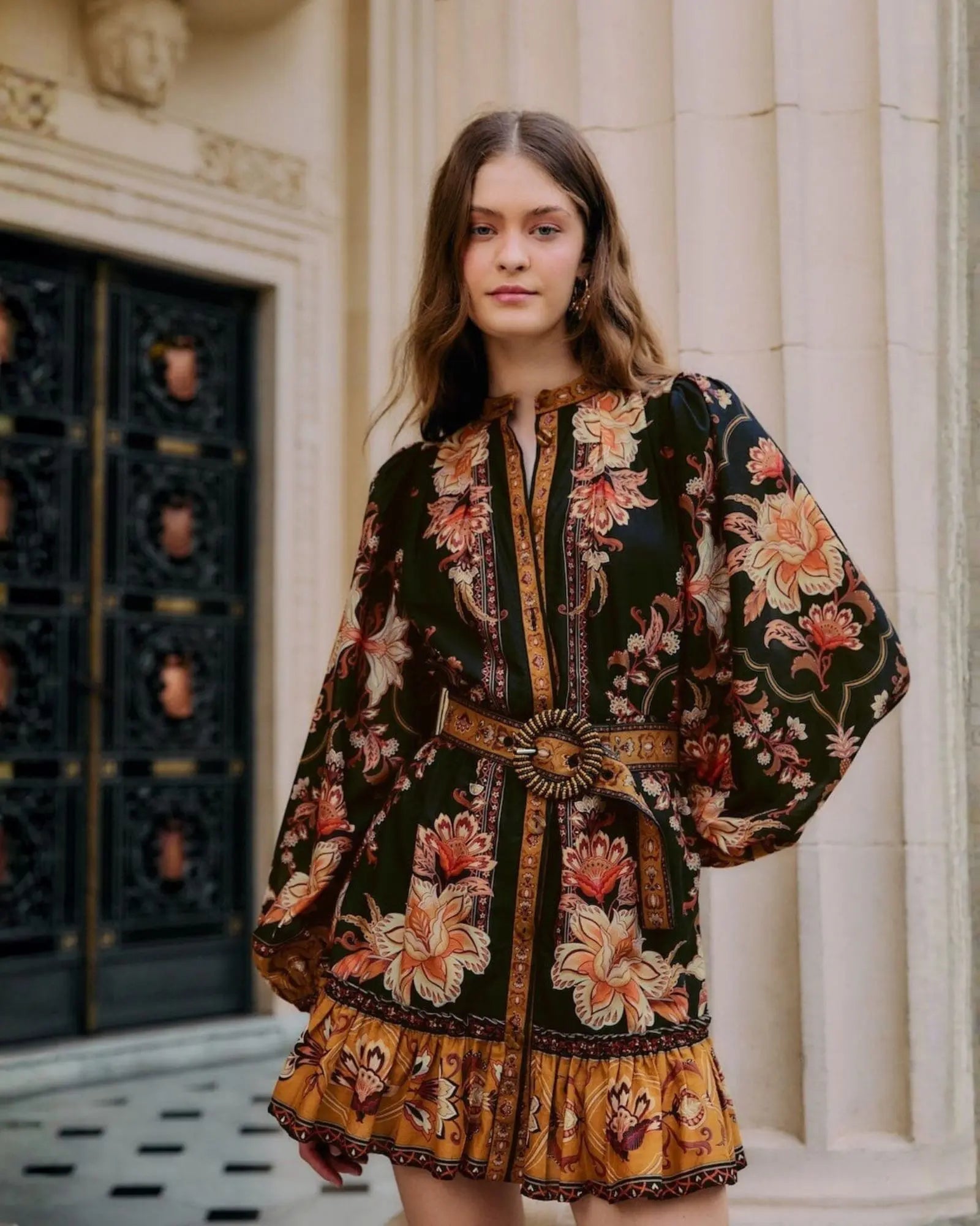 FARM Rio Black Majestic Garden Mini Dress with floral botanical print and beaded buckle belt.