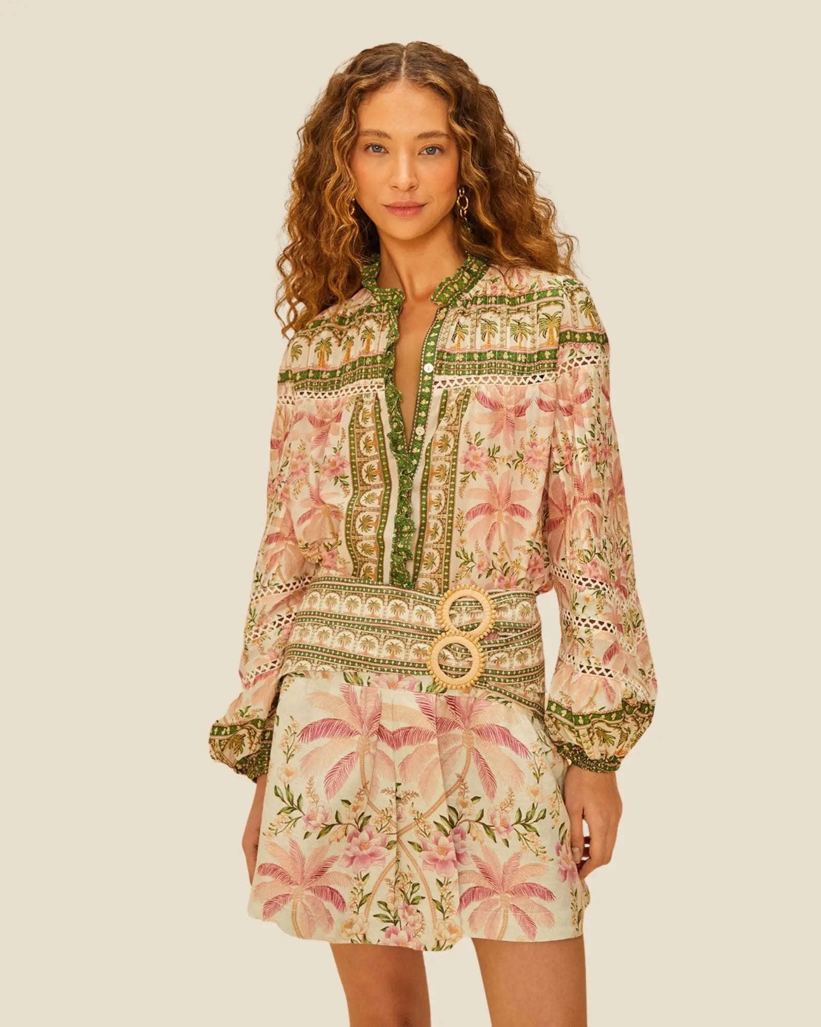 Woman wearing the FARM Rio Palm Dream Mini Skirt