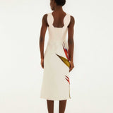 Farm Rio Sand Strelitzia Midi Dress Close View of the beautiful dress